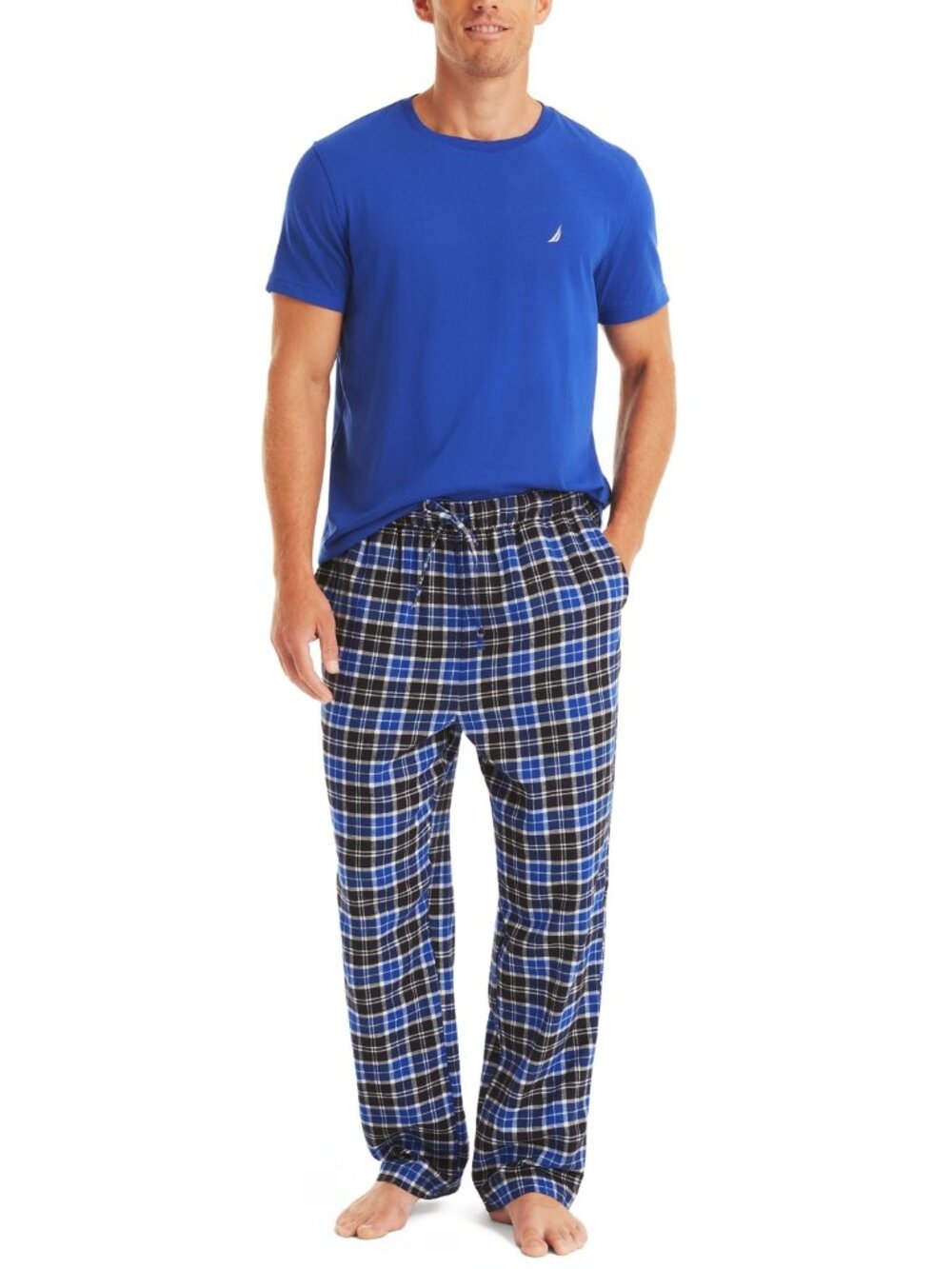 Nautica Men's Plaid Pajama Pants & Solid Pajama T-Shirt Set - Bright Cobalt XL